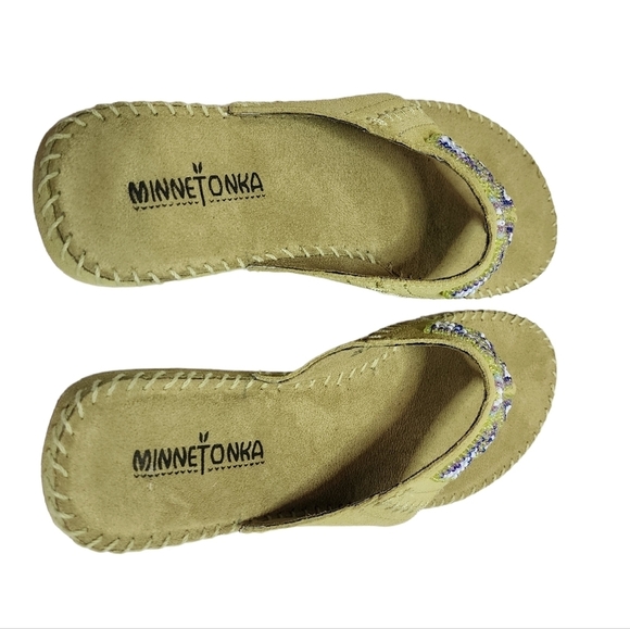 Minnetonka Green Leather Beaded Flip Flop Thong Sandals Size 7 New - Picture 10 of 16